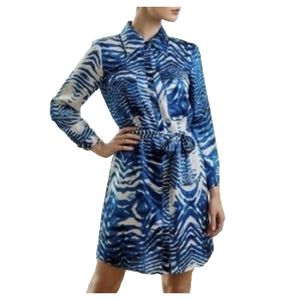 Cache Zebra Print Shirt Dress Size Large Blue White Cuff Long Sleeve Button Tie